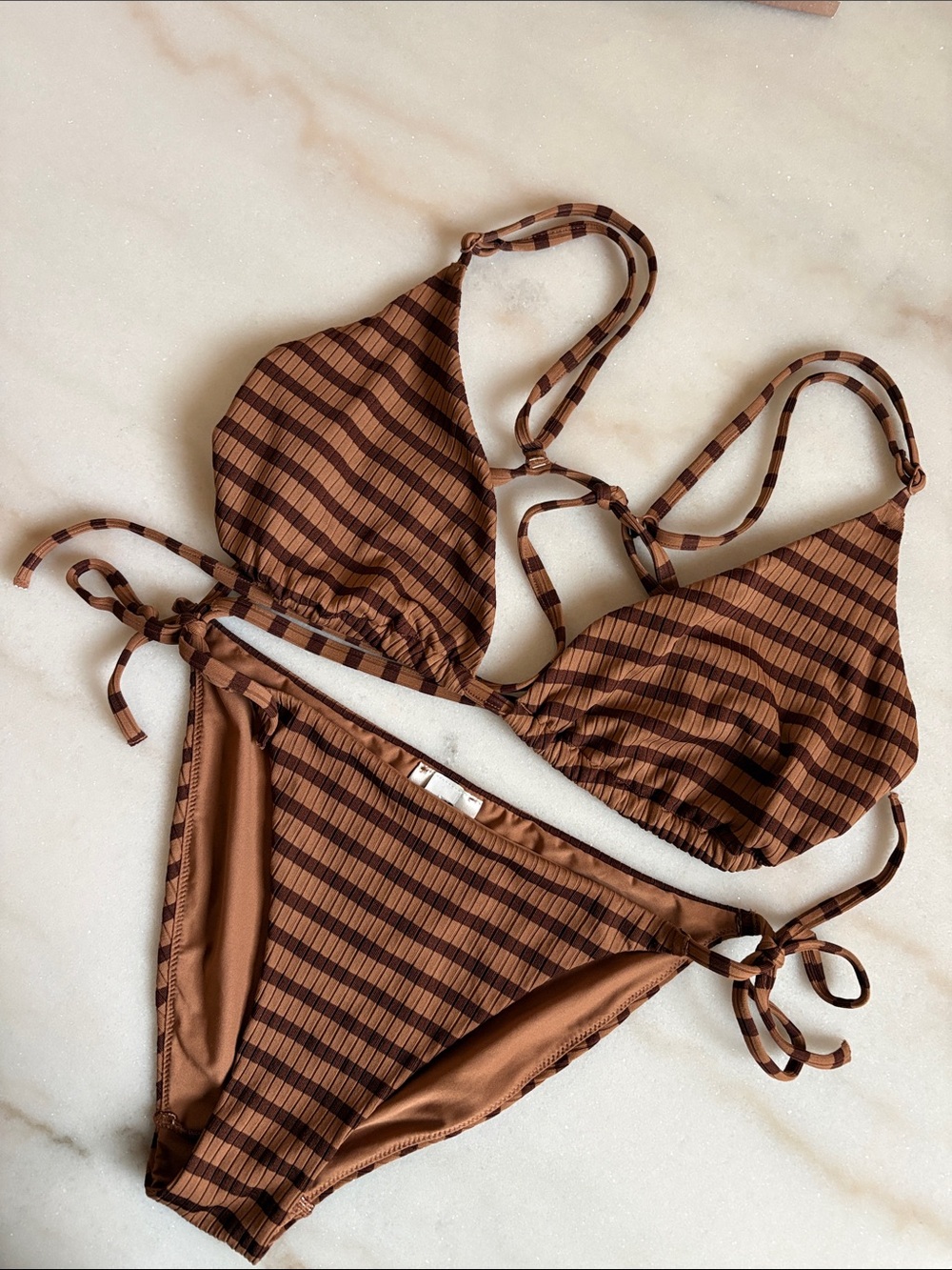 & Other Stories rib tie triangle bikini top and bottom in brown stripe size S